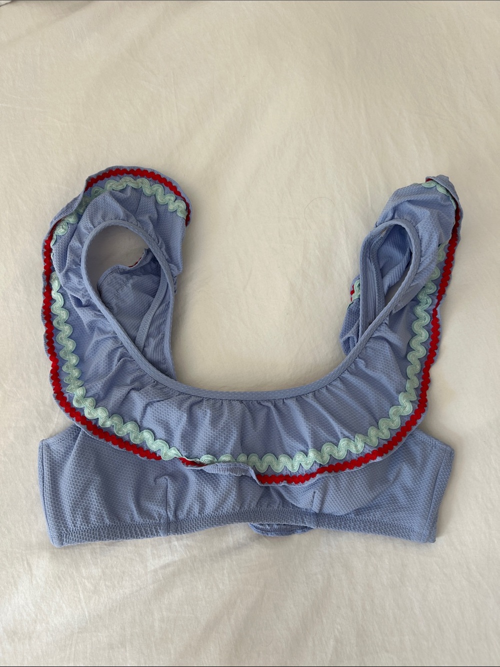 J crew Light Blue Ruffle Swim Top with Red & Mint Trim